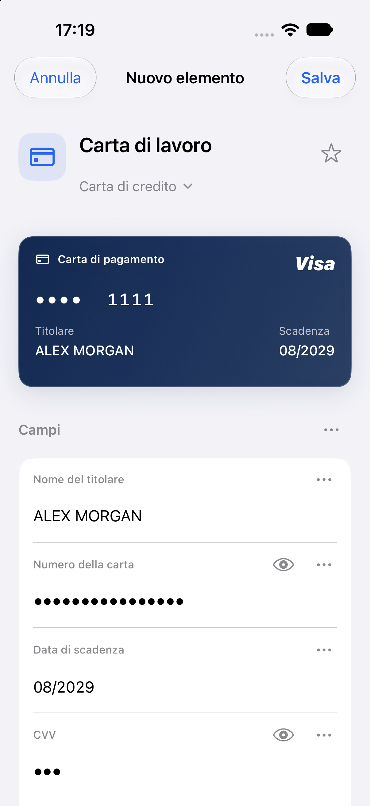 The native PasswordQ editor on iPhone with a demonstration Visa card.