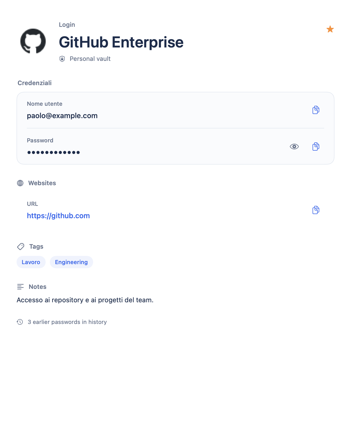 A GitHub item in PasswordQ: protected credentials, website, tags and notes.